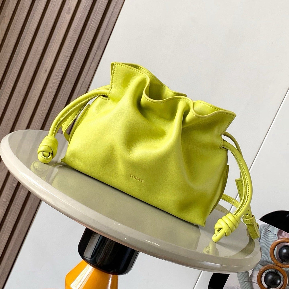 LOEWE 25S MEDIUM FLAMENCO CLUTCH BAG 23 IN LIME GOLD CALFSKIN