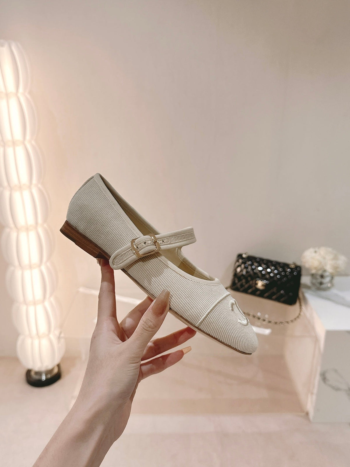 CHANEL mary jane flat light pink corduroy