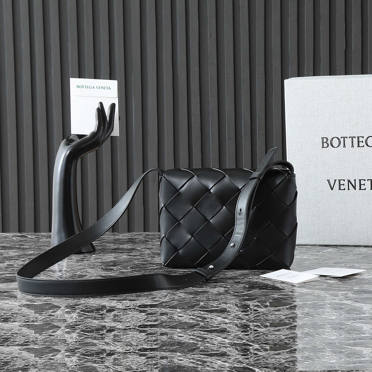 BOTTEGA VENETA 25S DIAGO 22 IN BLACK CALFSKIN PATENT SILVER HARDWARE