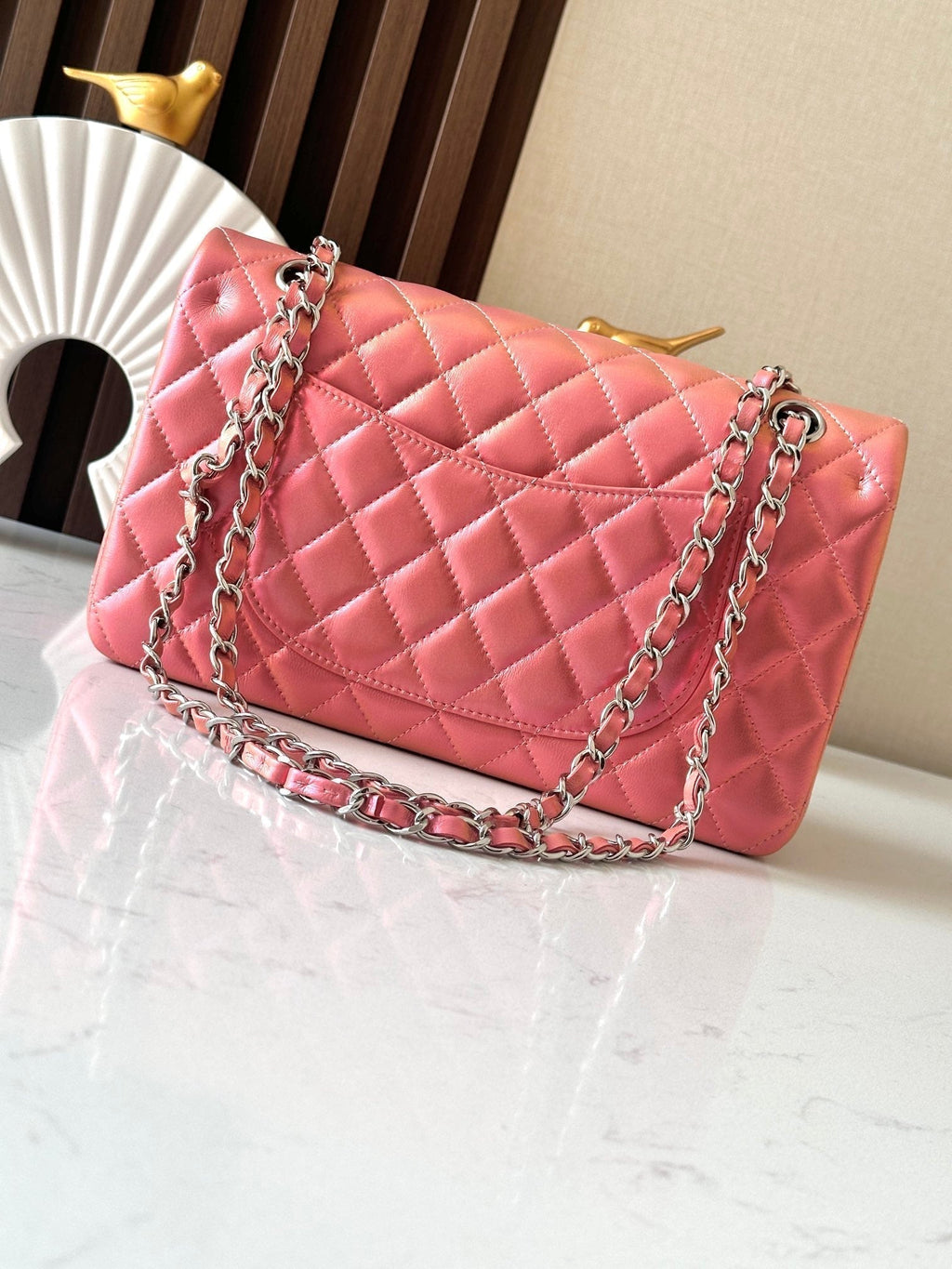 CHANEL 25S CLASSIC FLAP BAG 26 IN PEARL PINK LAMBSKIN WITH SILVER HARDWARE