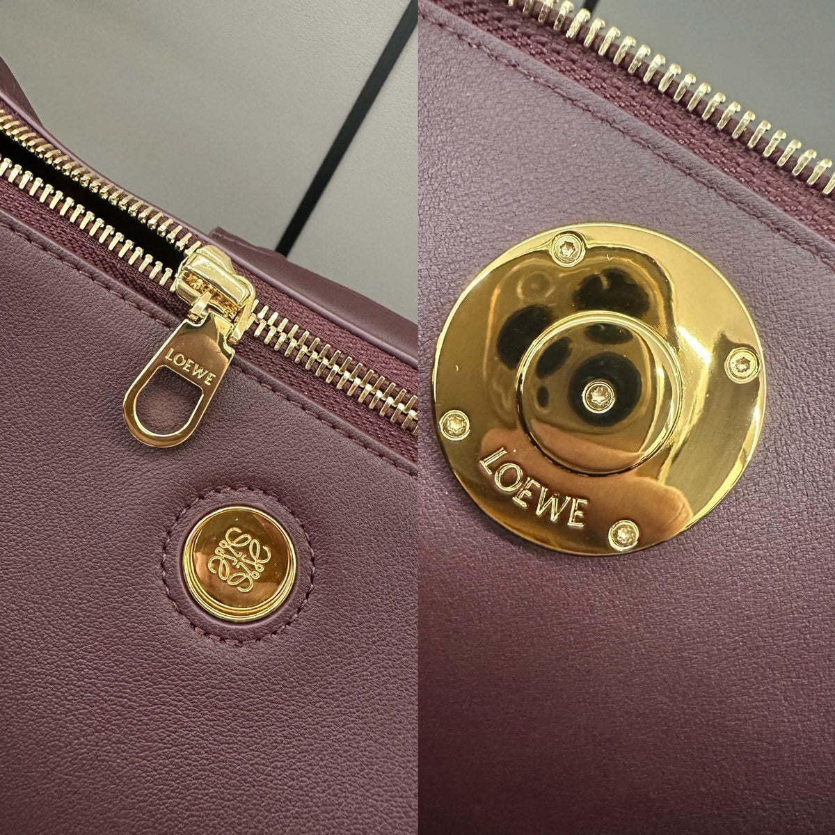 LOEWE 25S MADRID BAG 28 IN DARK WINE CALFSKIN GOLD HARDWARE