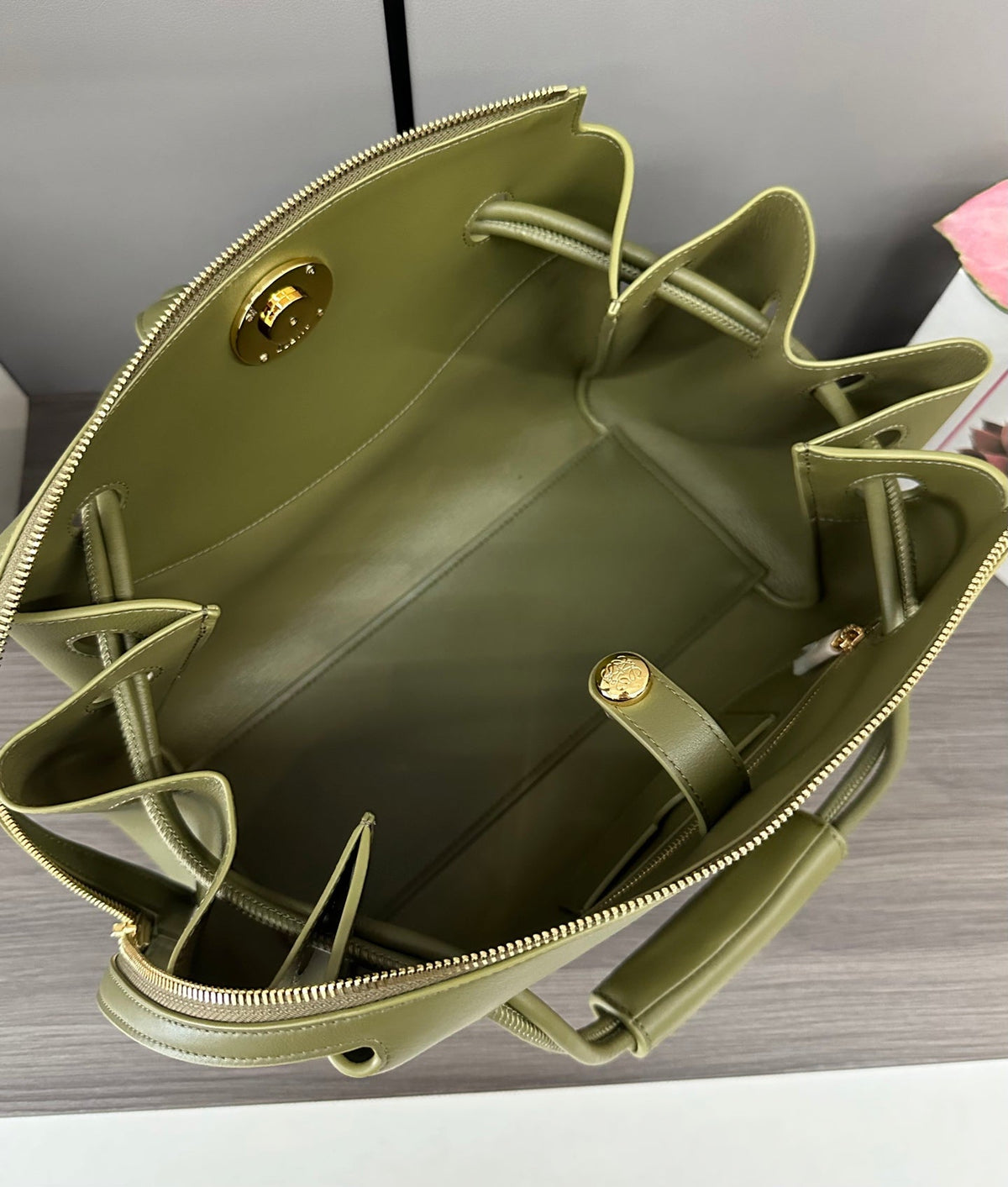 LOEWE 25S MADRID BAG 28 IN OLIVE GREEN CALFSKIN GOLD HARDWARE