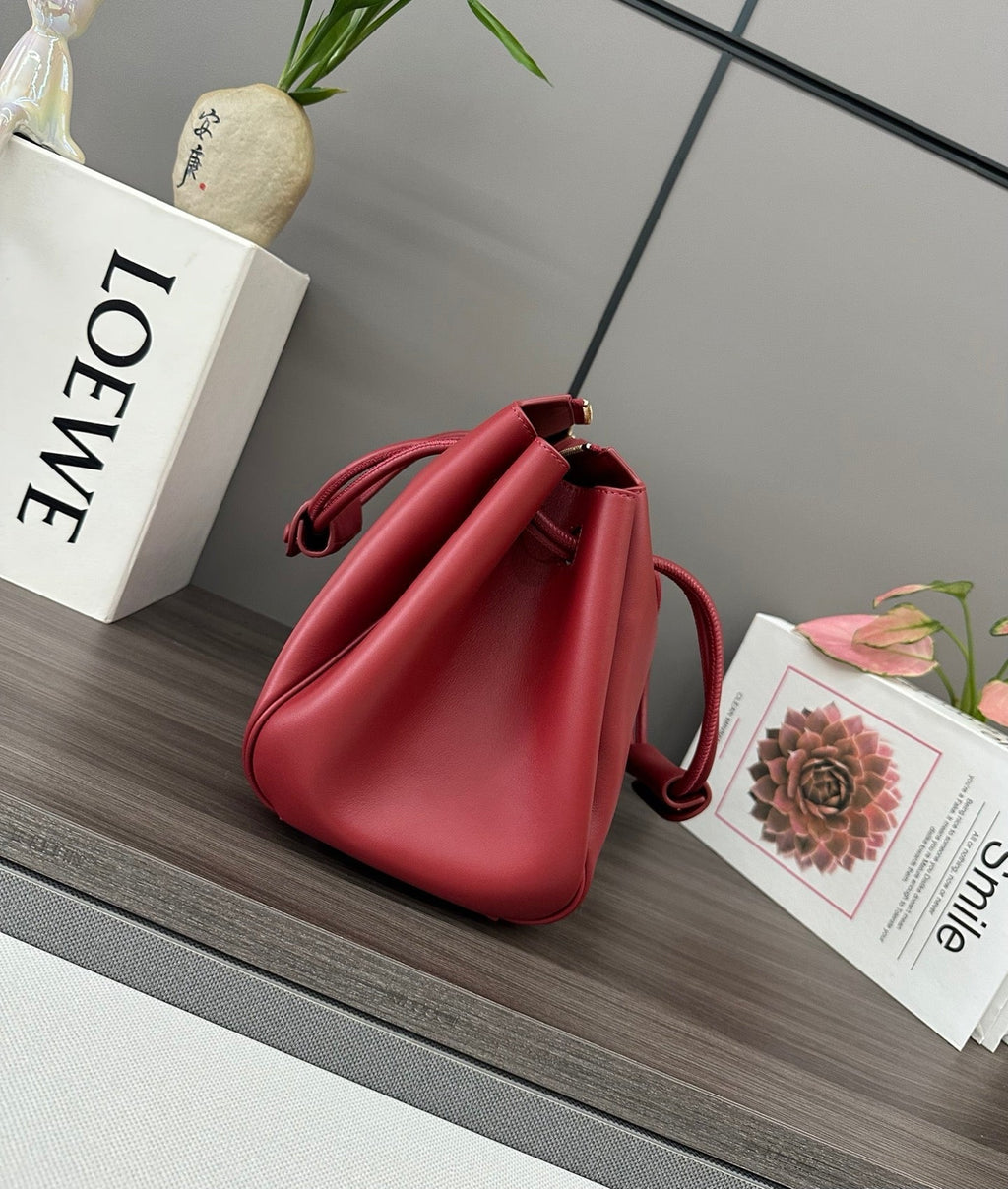 LOEWE 25S MADRID BAG 28 IN CHERRY RED CALFSKIN GOLD HARDWARE