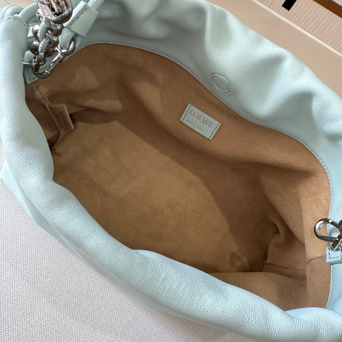 LOEWE 25S FLAMENCO PURSE 30 IN PALE AQUA NAPPA LEATHER SILVER HARDWARE