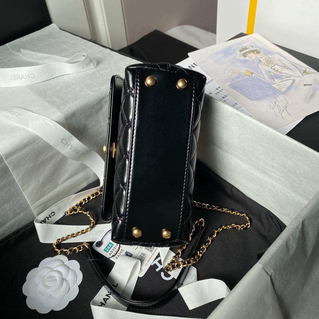 CHANEL 25S CLASSIC COCO HANDLE BAG 19 CM IN BLACK LAMBSKIN WITH GOLD HARDWARE