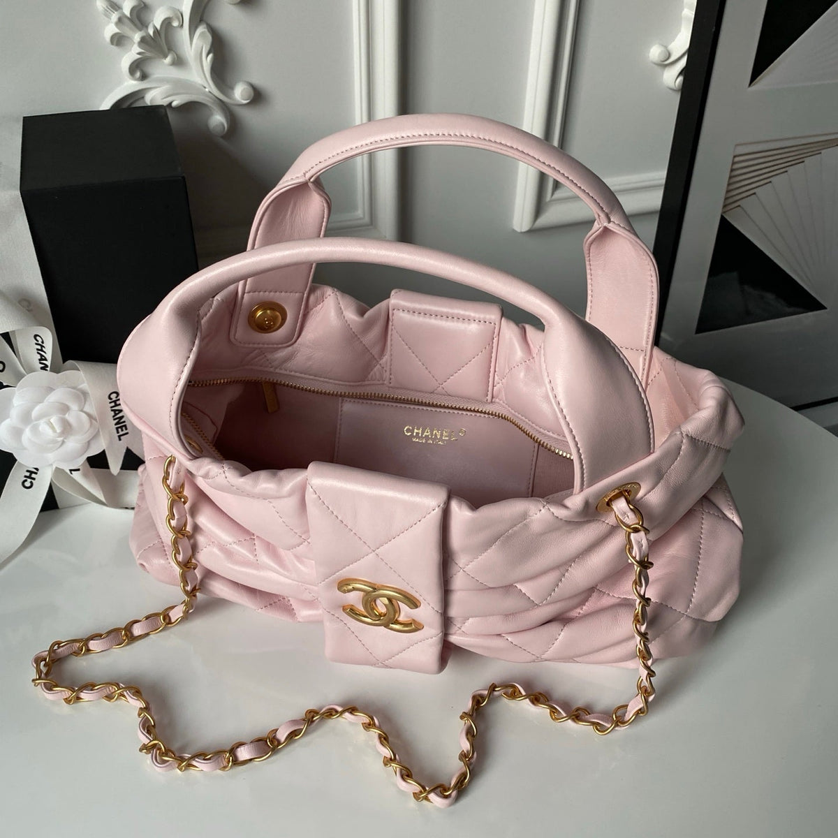 CHANEL 25S BOW BAG 38 IN PINK LAMBSKIN WITH GOLD HARDWARE