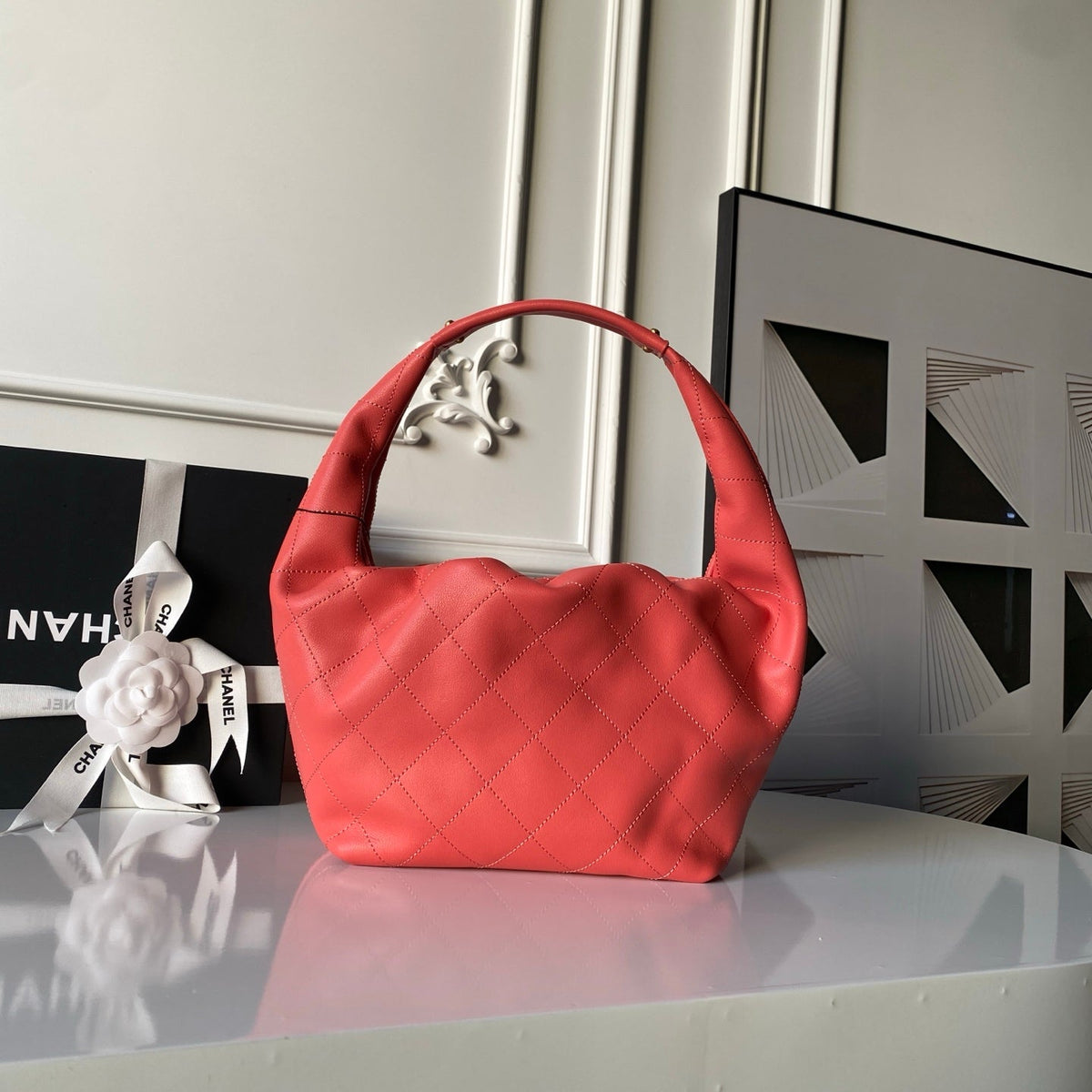 CHANEL 25S HOBO BAG 32 IN CORAL RED LAMBSKIN
