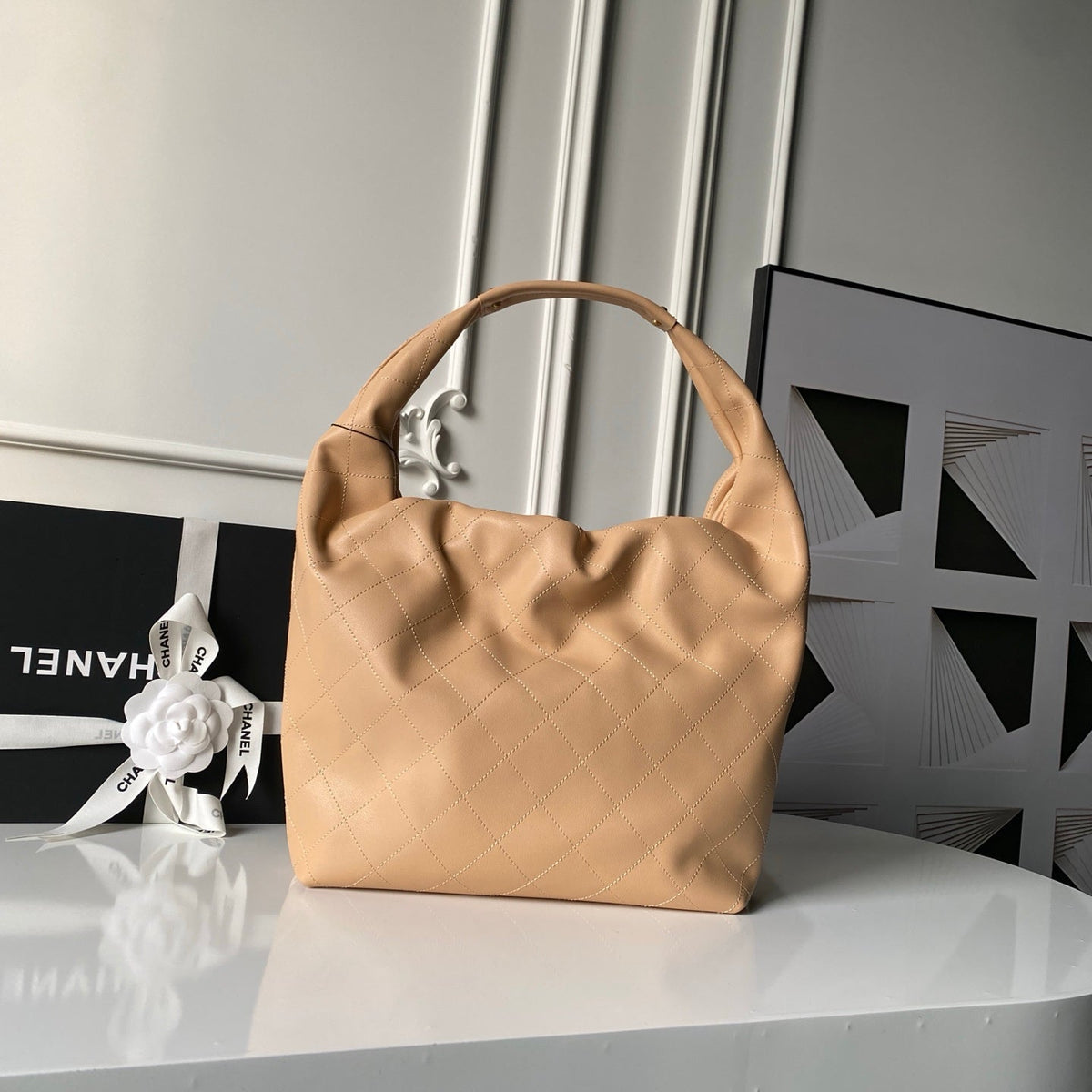 CHANEL 25S HOBO BAG 45 IN WARM SAND BEIGE LAMBSKIN