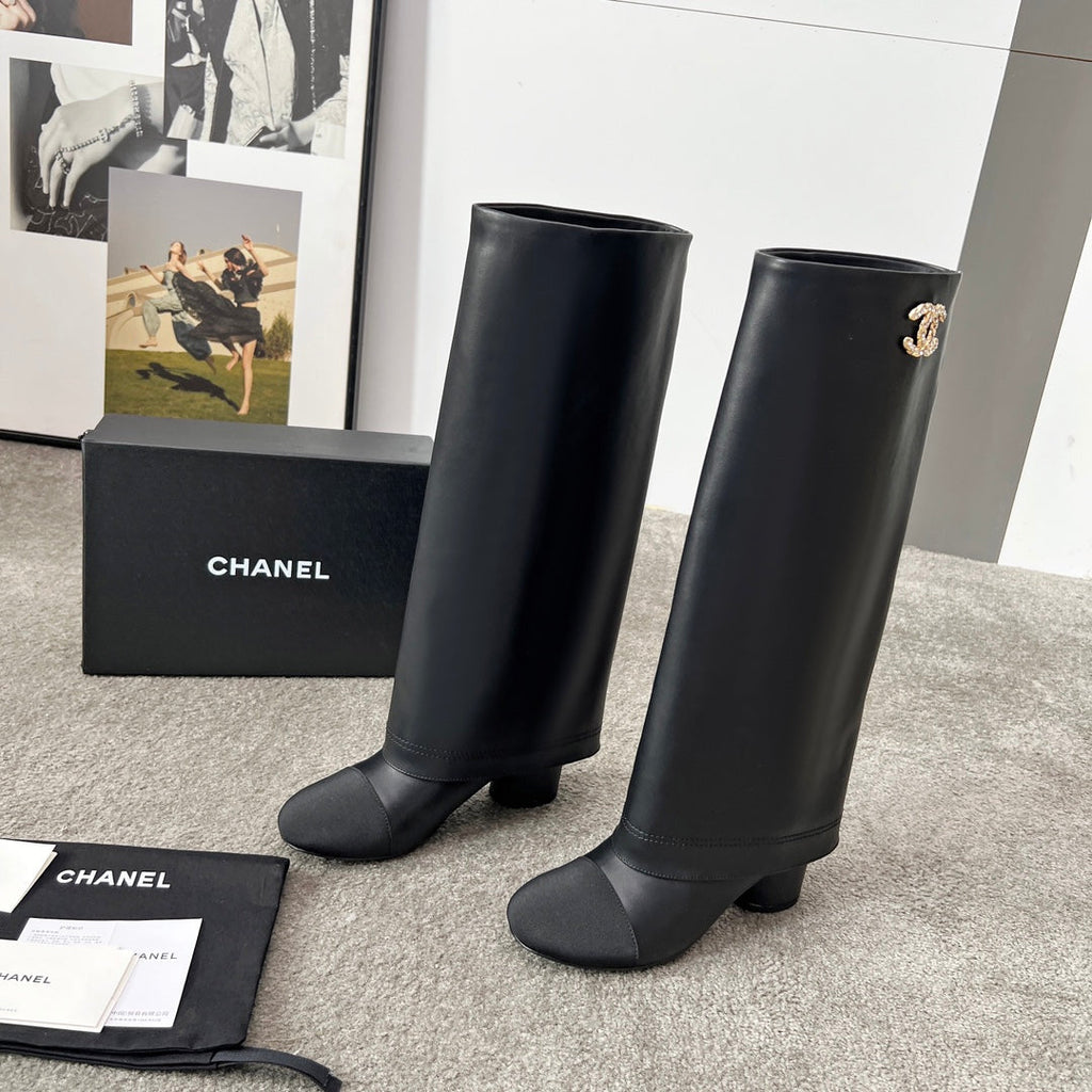 CHANEL 25S HIGH BOOTS 55MM IN BLACK CALFSKIN AND CANVAS GOLD HARDWARE