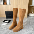CHANEL 25S HIGH BOOTS STRETCHY SHAFT 85MM IN CARAMEL SUEDE GOLD HARDWARE