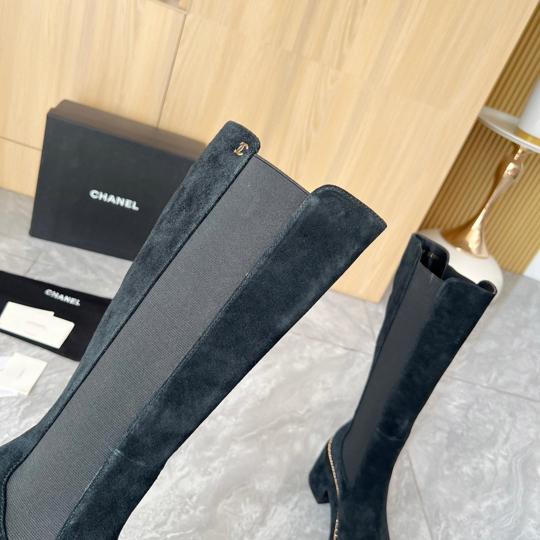 CHANEL 25S HIGH BOOTS STRETCHY SHAFT 85MM IN BLACK SUEDE GOLD HARDWRE