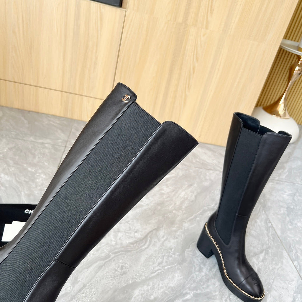CHANEL 25S HIGH BOOTS STRETCHY SHAFT 85MM IN BLACK CALFSKIN GOLD HARDWRE