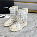 CHANEL 25S MID-CALF BOOTS 45MM IN BEIGE CALFSKIN AND WHITE TWEED GOLD HARDWRE