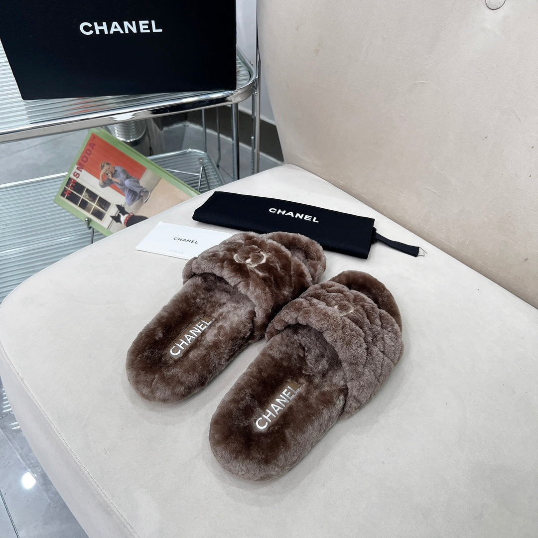 CHANEL 25S FUR SLIPPERS WITH EXPOSED-STITCH STRAPS IN DARK BROWN