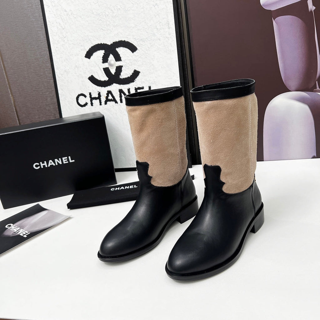 CHANEL 25S MID-CALF BOOTS 35MM IN BLACK CALFSKIN AND TAUPE GRAY SUEDE GOLD HARDWARE