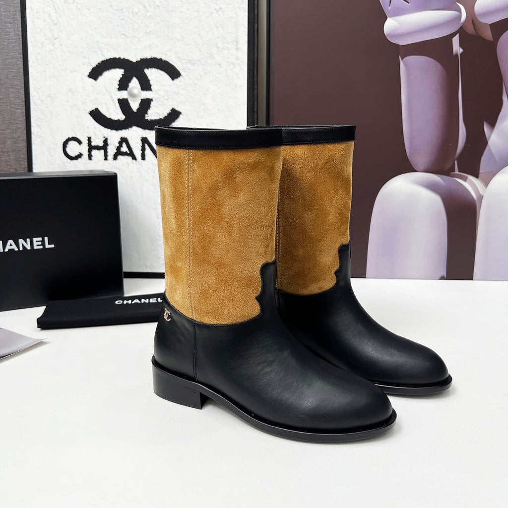 CHANEL 25S MID-CALF BOOTS 35MM IN BLACK CALFSKIN AND CARAMEL SUEDE GOLD HARDWRE