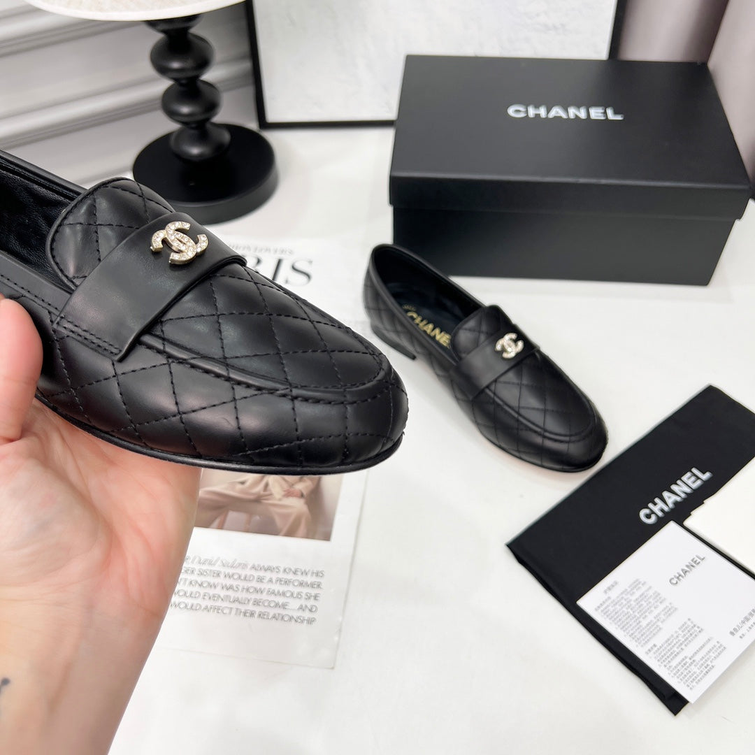 CHANEL 25S LOAFER DANCE SHOES IN BLACK CALFSKIN GOLD HARDWRE