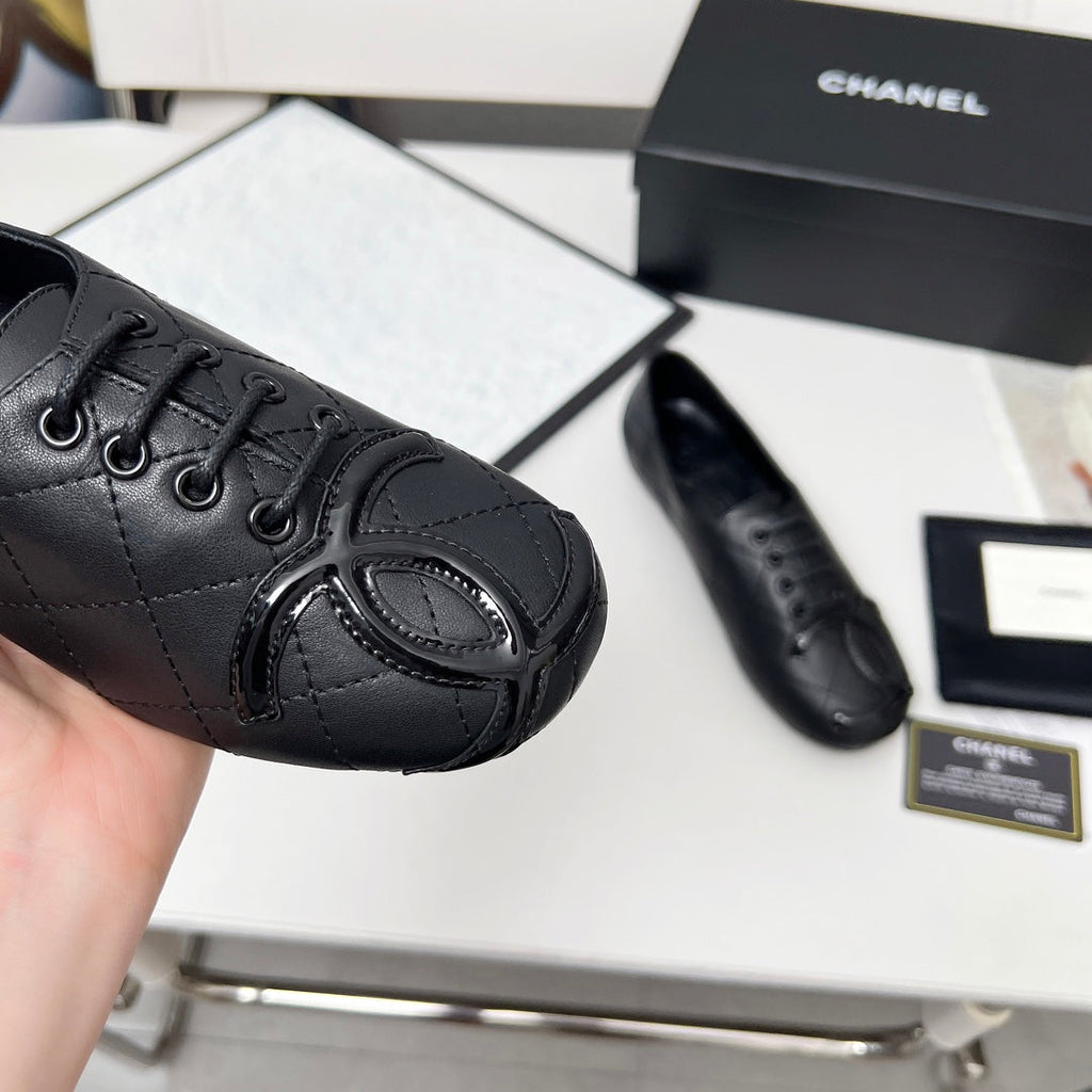 CHANEL 25S DANCE SHOES WITH PRINTED LOGO IN BLACK FULL CALFSKIN