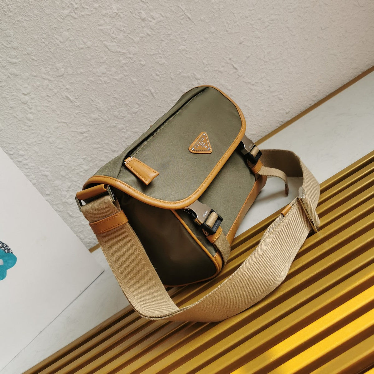 PRADA MESSENGER BAG 20 IN KHAKI GREEN RE-NYLON AND BROWN CALFSKIN TRIM