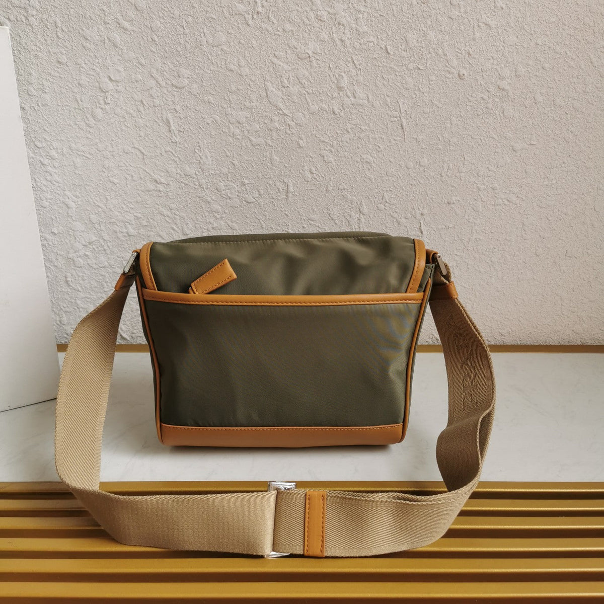 PRADA MESSENGER BAG 20 IN KHAKI GREEN RE-NYLON AND BROWN CALFSKIN TRIM