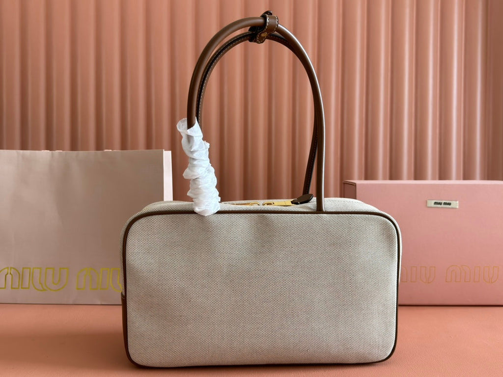 MIUMIU 25S BEAU CANVAS BAG 34 IN BEIGE CANVAS AND BROWN CALFSKIN