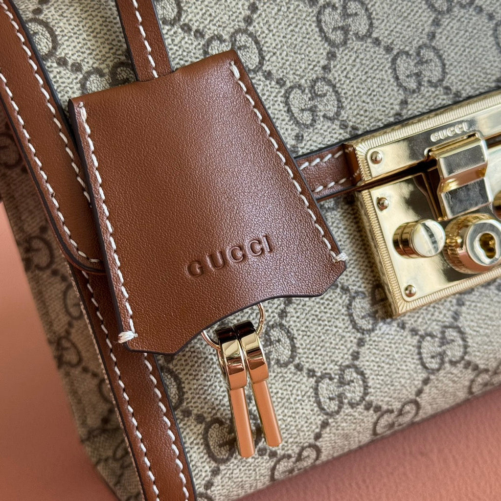 GUCCI 25S PADLOCK BAG 20 IN BEIGE CANVAS AND BROWN CALFSKIN