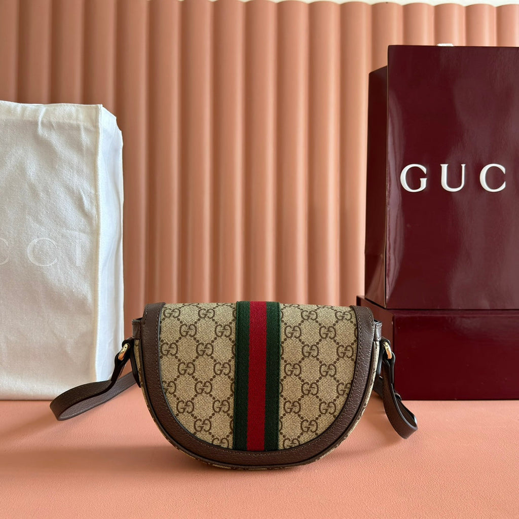 GUCCI 25S OPHIDIA MINI BAG 20 IN BEIGE CANVAS AND BROWN CALFSKIN