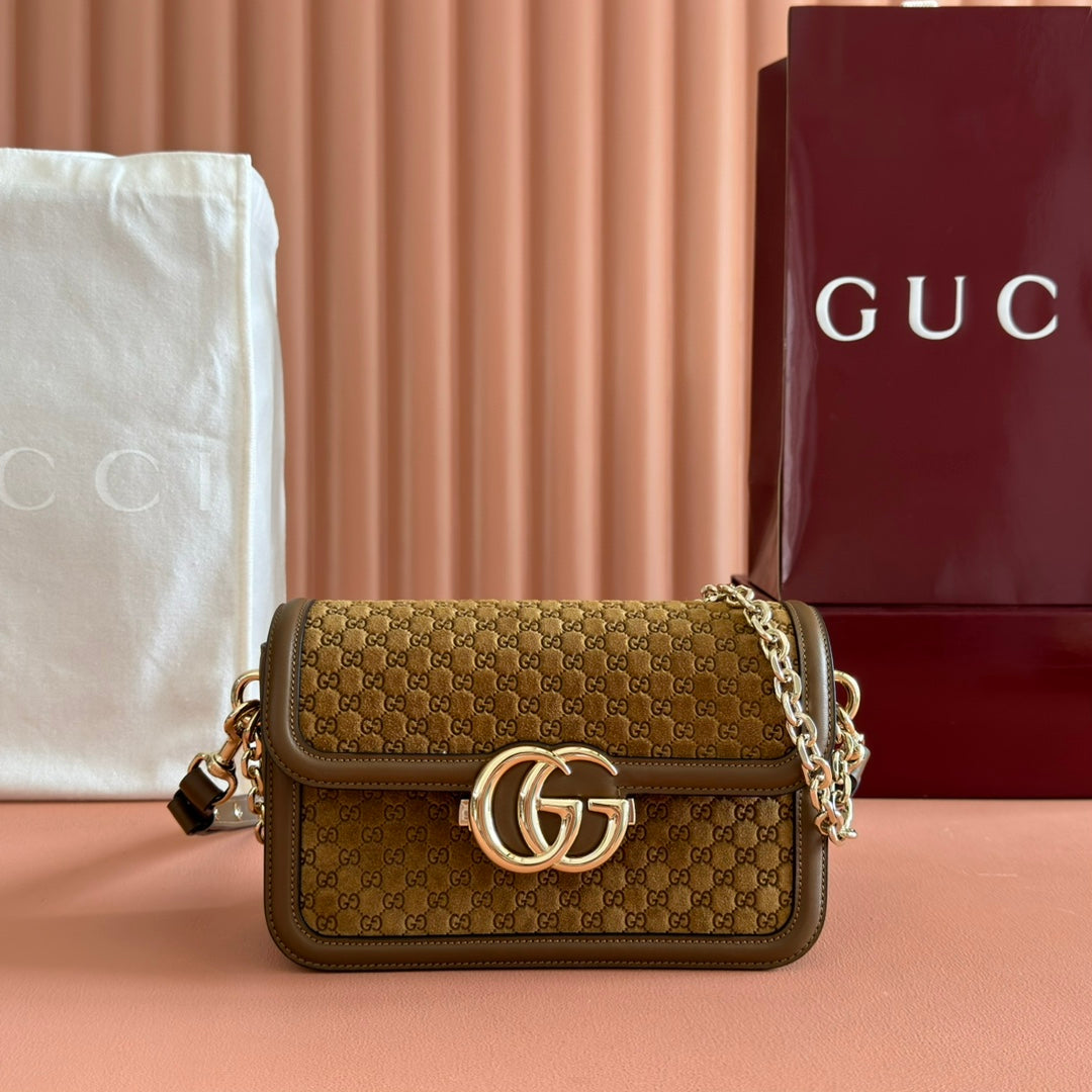 GUCCI 26S SHOULDER BAG 21 IN BROWN EMBOSSED SUEDE AND CALFSKIN