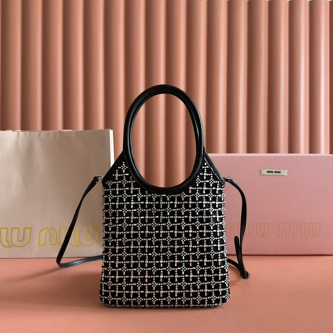 MIUMIU 26S CRYSTAL TOTE 24 BAG IN BLACK CALFSKIN