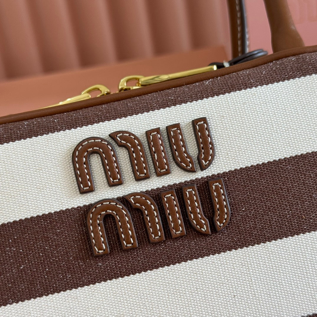MIUMIU 25S BEAU BAG 28 BROWN AND BEIGE STRIPES IN CANVAS AND CALFSKIN
