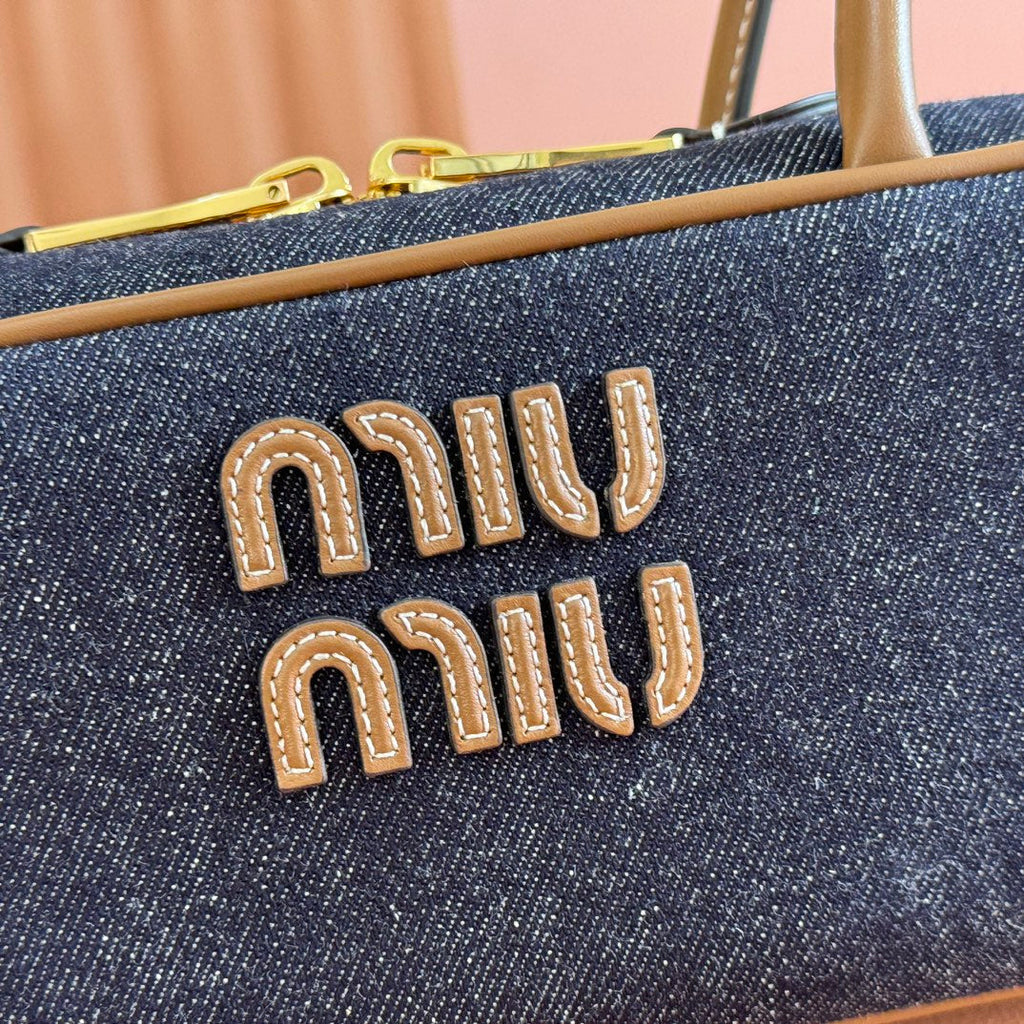 MIUMIU 25S BEAU DENIM BAG 28 IN DARK BLUE DENIM AND BROWN CALFSKIN