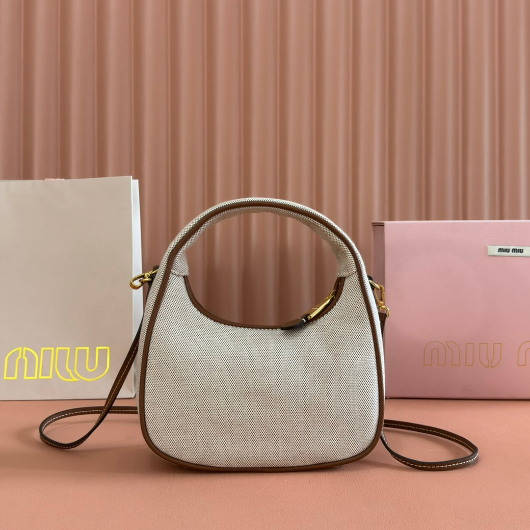 MIUMIU 25S WANDER BAG 20 IN BEIGE CANVAS AND BROWN CALFSKIN