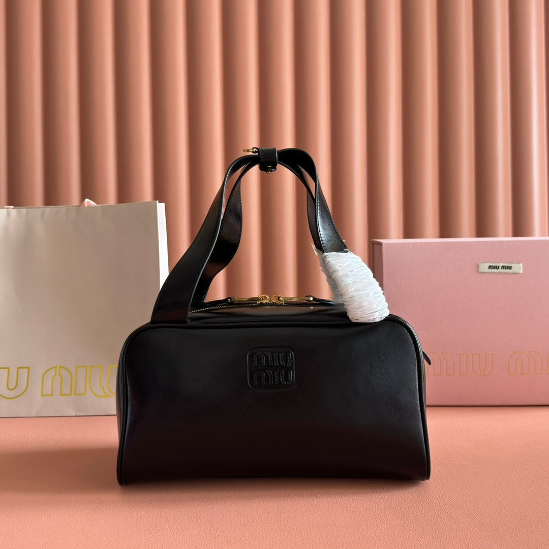MIUMIU 26S TOP-HANDLE BAG 28 IN BLACK CALFSKIN GOLD HARDWARE
