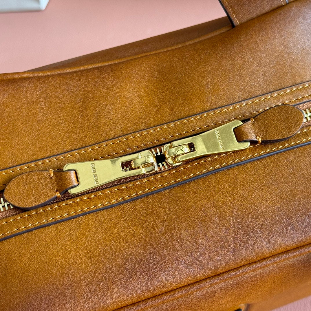 MIUMIU 26S TOP-HANDLE BAG 28 IN TAN BROWN CALFSKIN GOLD HARDWARE