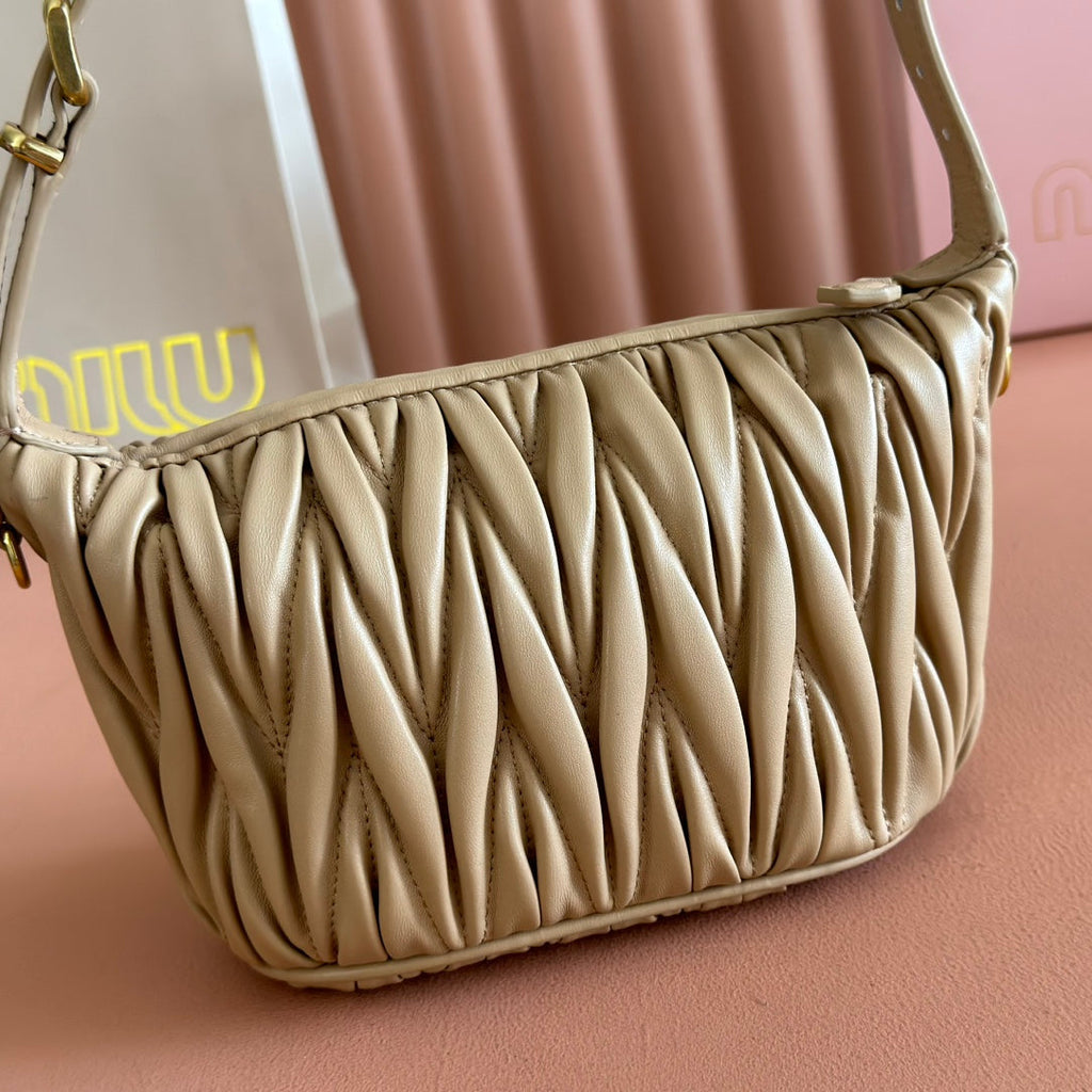MIUMIU 26S POUCH BAG 15 IN DARK BEIGE CALFSKIN GOLD HARDWARE