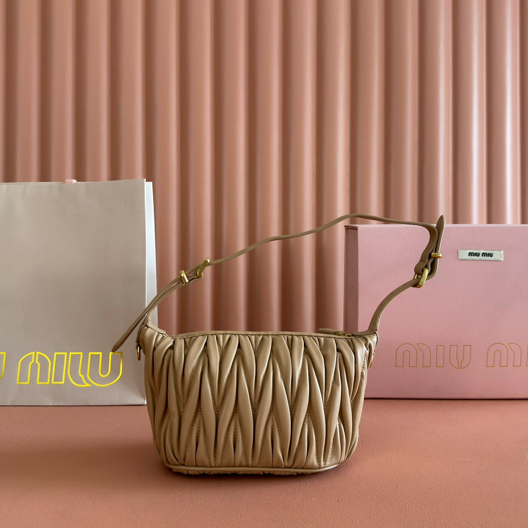 MIUMIU 26S POUCH BAG 15 IN DARK BEIGE CALFSKIN GOLD HARDWARE