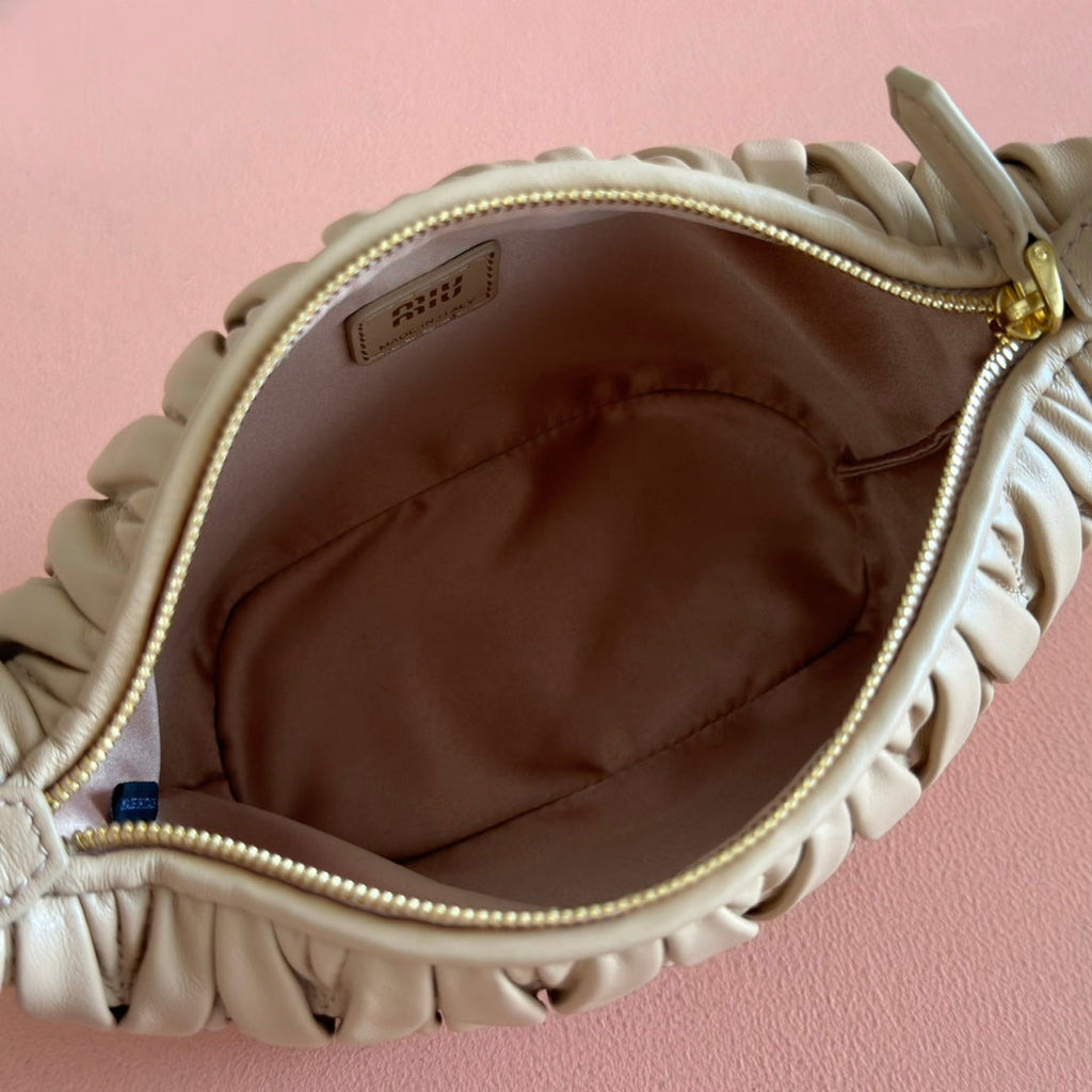 MIUMIU 26S POUCH BAG 15 IN DARK BEIGE CALFSKIN GOLD HARDWARE