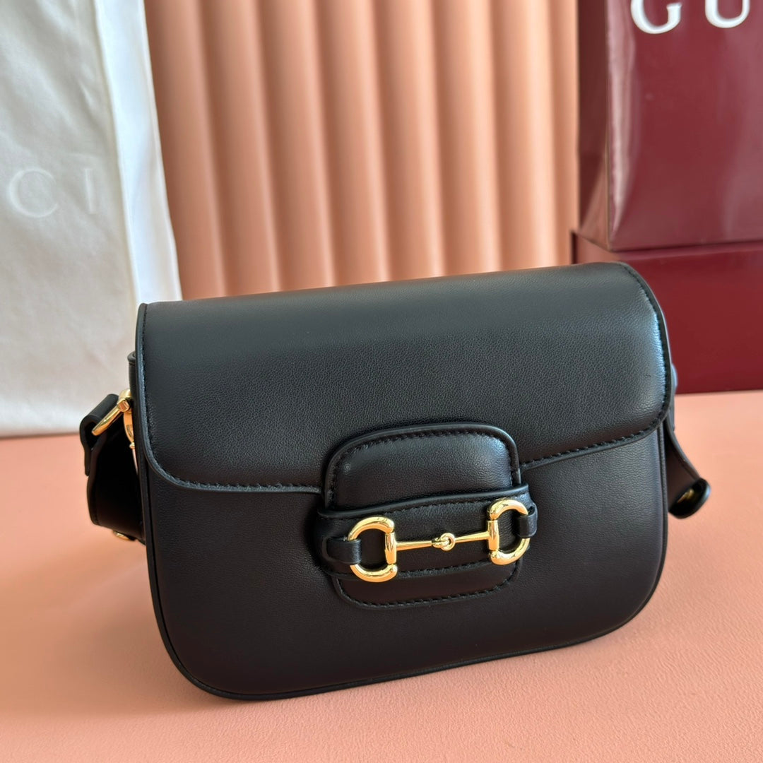 GUCCI 25S HORSEBIT 1955 MINI BAG 20 CM IN BLACK CALFSKIN WITH GOLD HARDWARE