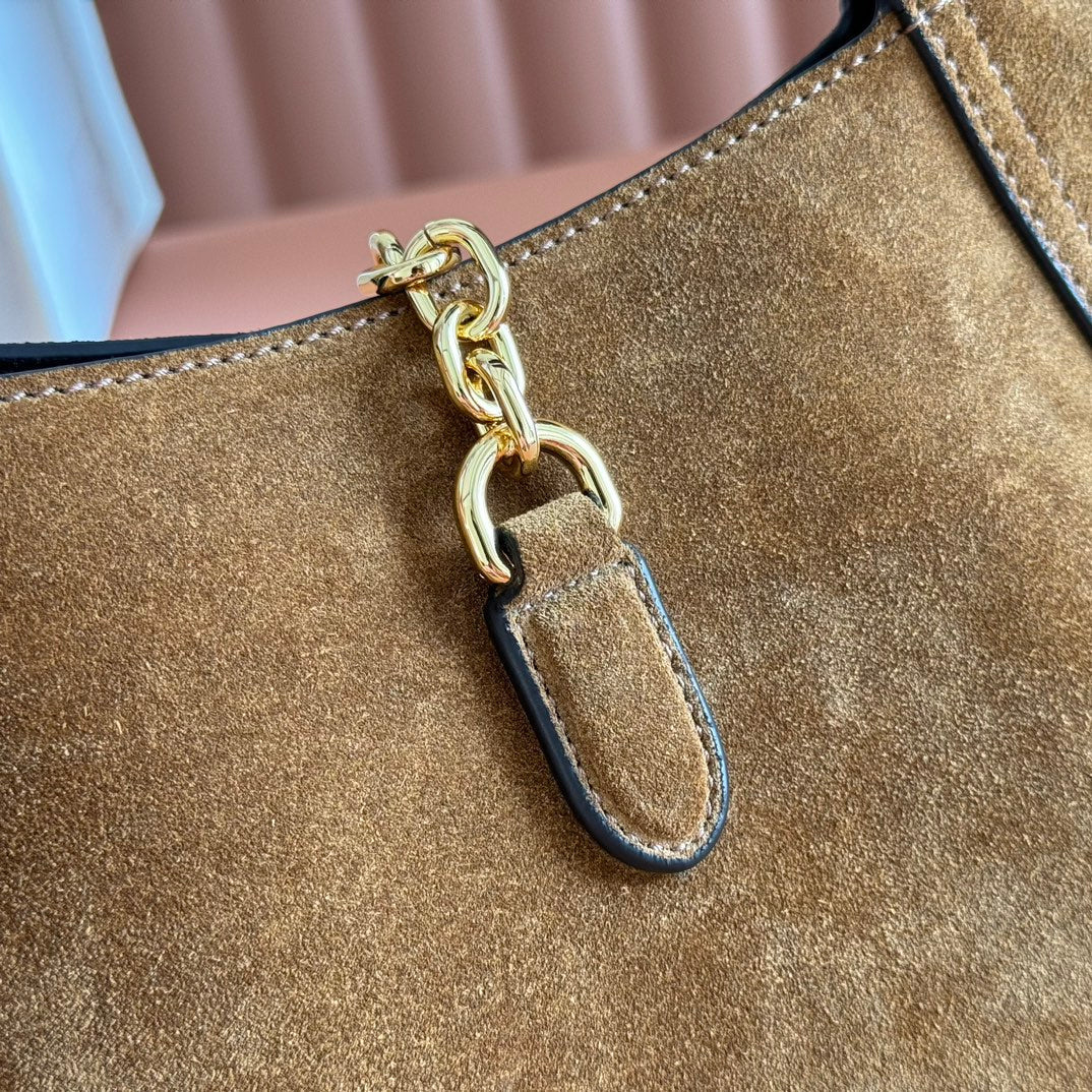 GUCCI 25S HANDBAG 28 CM IN DARK WOOD BROWN SUEDE WITH GOLD HARDWARE