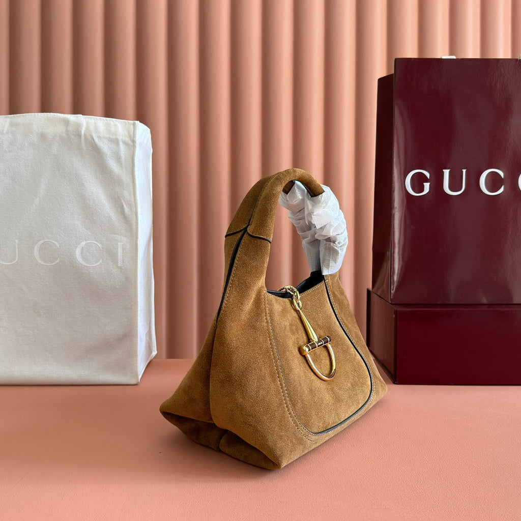 GUCCI 25S HANDBAG 28 CM IN DARK WOOD BROWN SUEDE WITH GOLD HARDWARE
