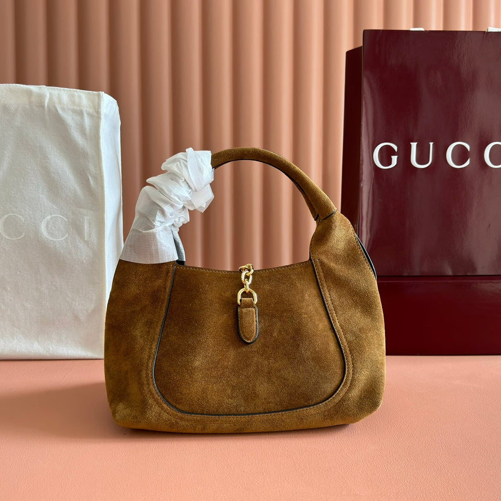 GUCCI 25S HANDBAG 28 CM IN DARK WOOD BROWN SUEDE WITH GOLD HARDWARE