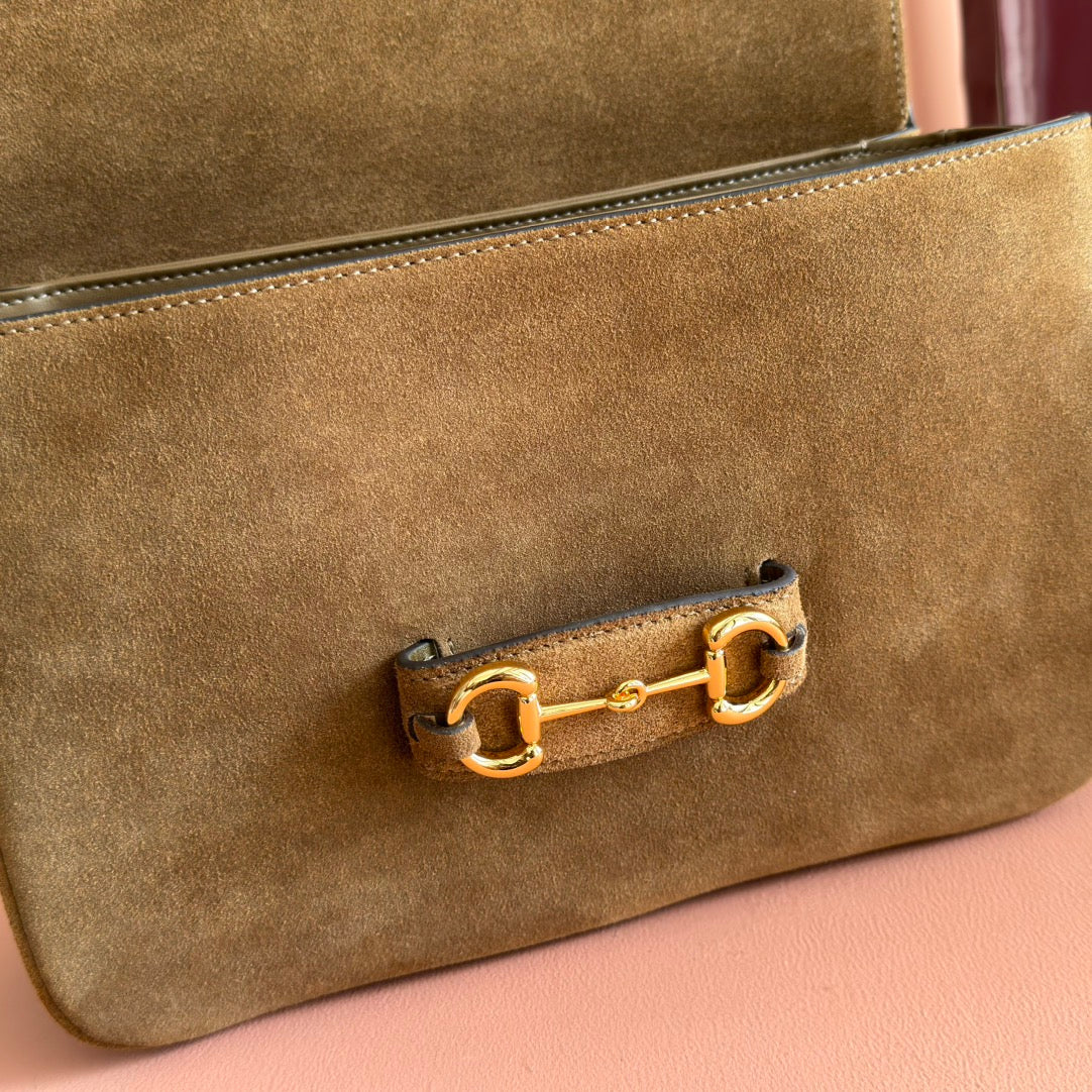 GUCCI 25S HORSEBIT 1955 30 CM IN BROWN SUEDE WITH GOLD HARDWARE