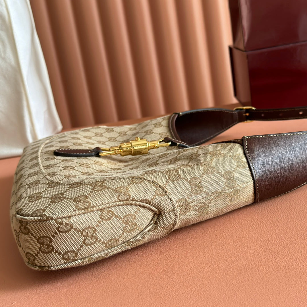 GUCCI 25S JACKIE MONOGRAM 28 CM IN LIGHT BROWN CANVAS AND CALFSKIN