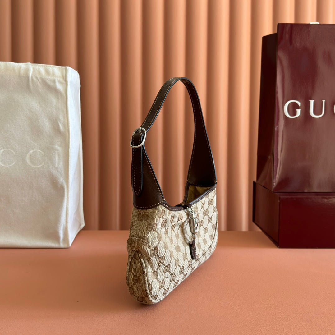 GUCCI 25S JACKIE MONOGRAM 27 CM IN LIGHT BROWN CANVAS AND CALFSKIN
