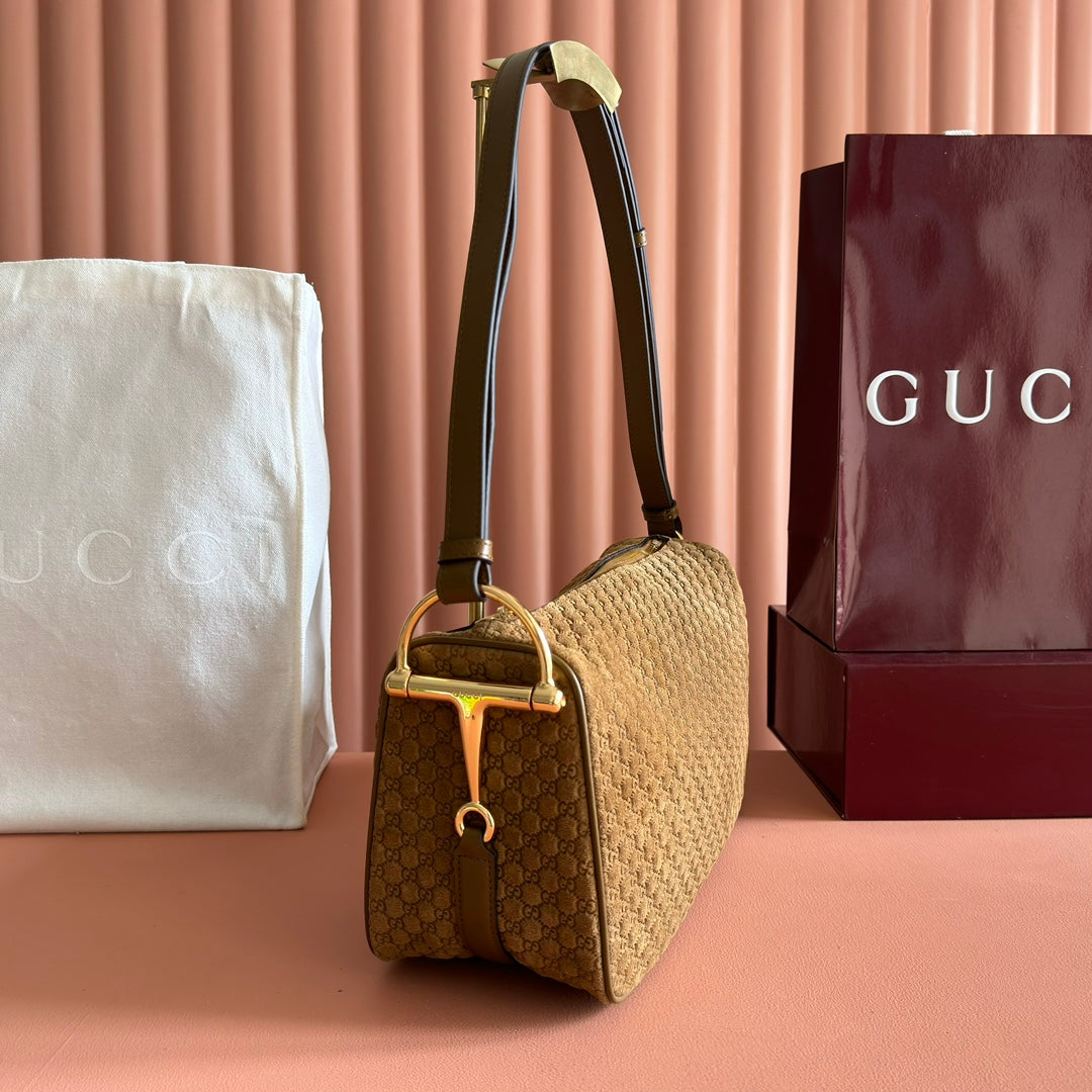 GUCCI 26S SHOULDER BAG 31 IN BROWN EMBOSSED SUEDE