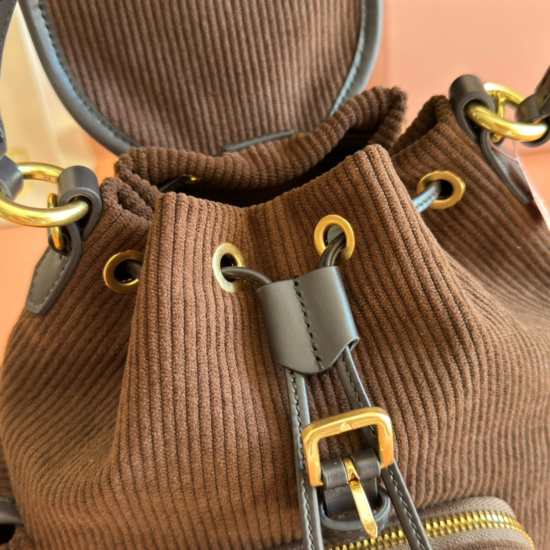 MIUMIU 26S BACKPACK 22 IN CHOCOLATE BROWN CANVAS BLACK CALFSKIN