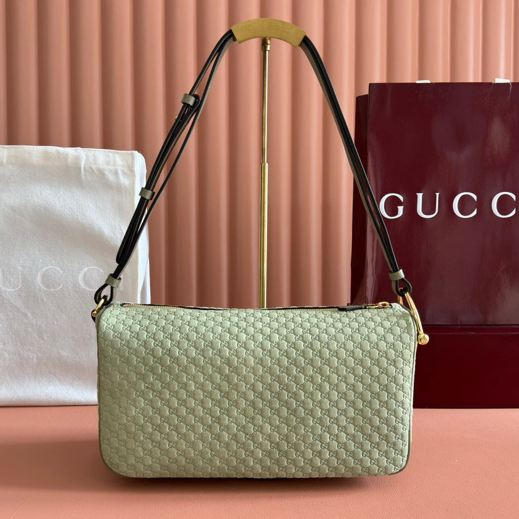 GUCCI 26S SHOULDER BAG 31 IN LIGHT GREEN EMBOSSED SUEDE