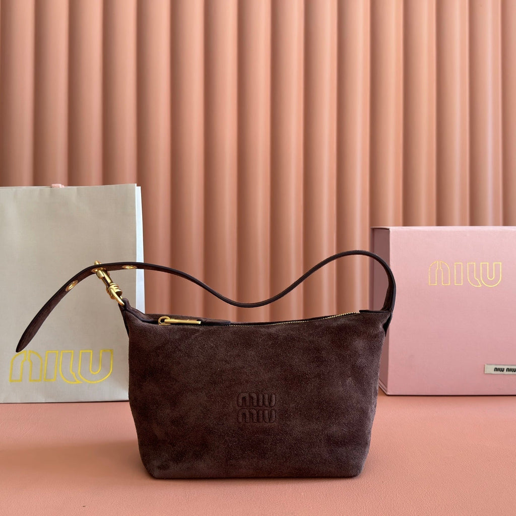 MIUMIU 26S CORDUROY POUCH BAG 25 IN CHOCOLATE BROWN SUEDE GOLD HARDWARE