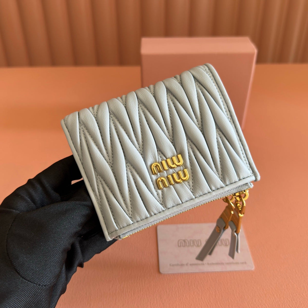 MIUMIU 26S SMALL MATELASSE CARD HOLDER 11 IN BLUE GRAY CALFSKIN GOLD HARDWARE