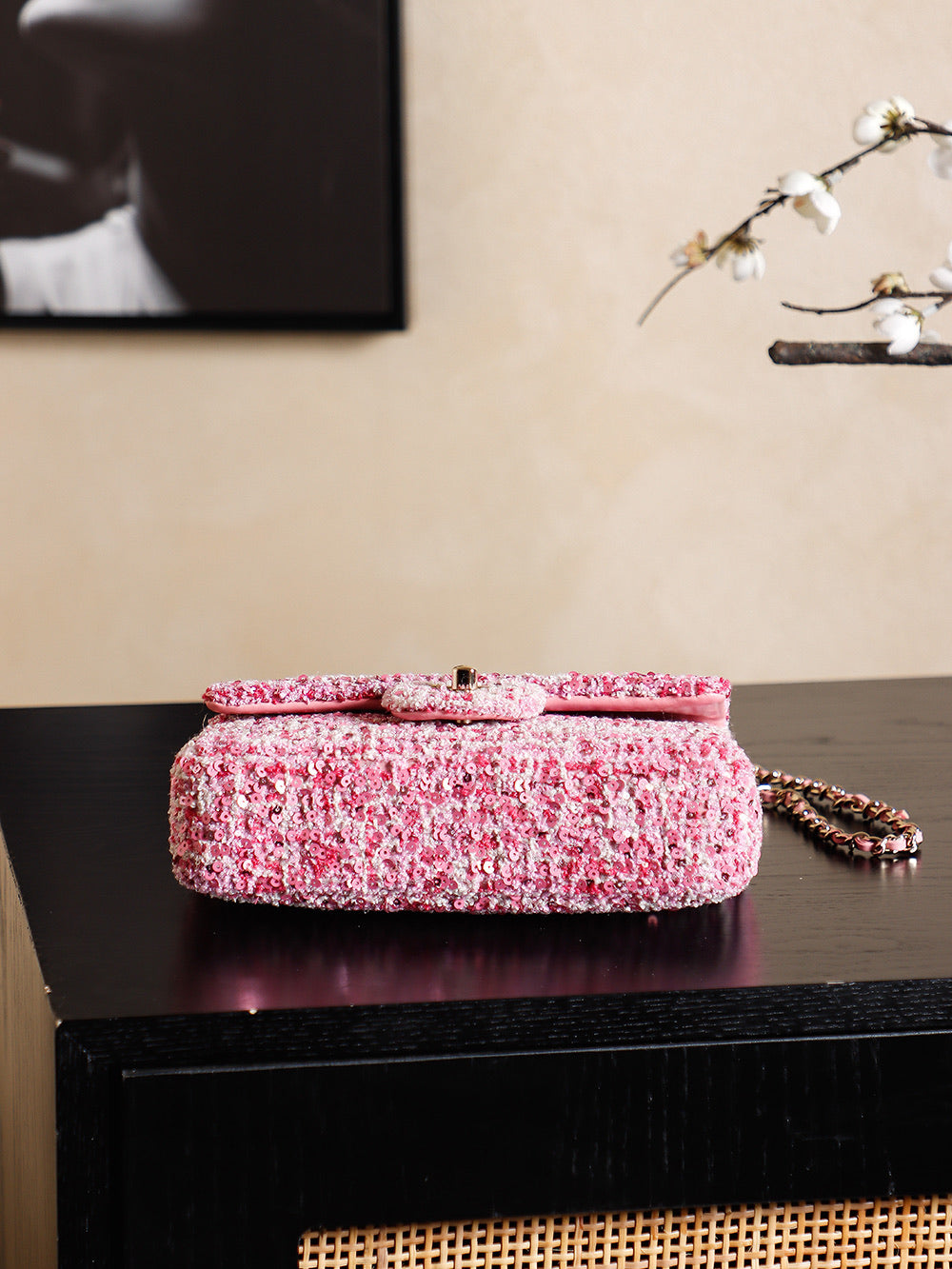 CHANEL 25S FLAP BAG 21 CM IN PINK SEQUINED TWEED WITH GOLD HARDWARE